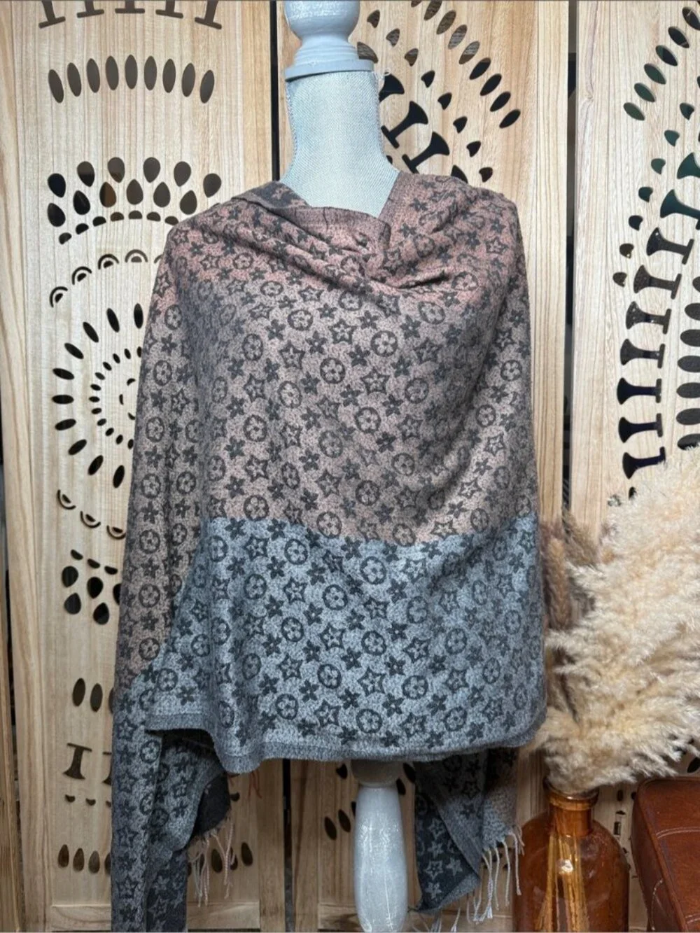 Source Unknown Two-Tone Monogram Fringe Scarf - Gray & Brown